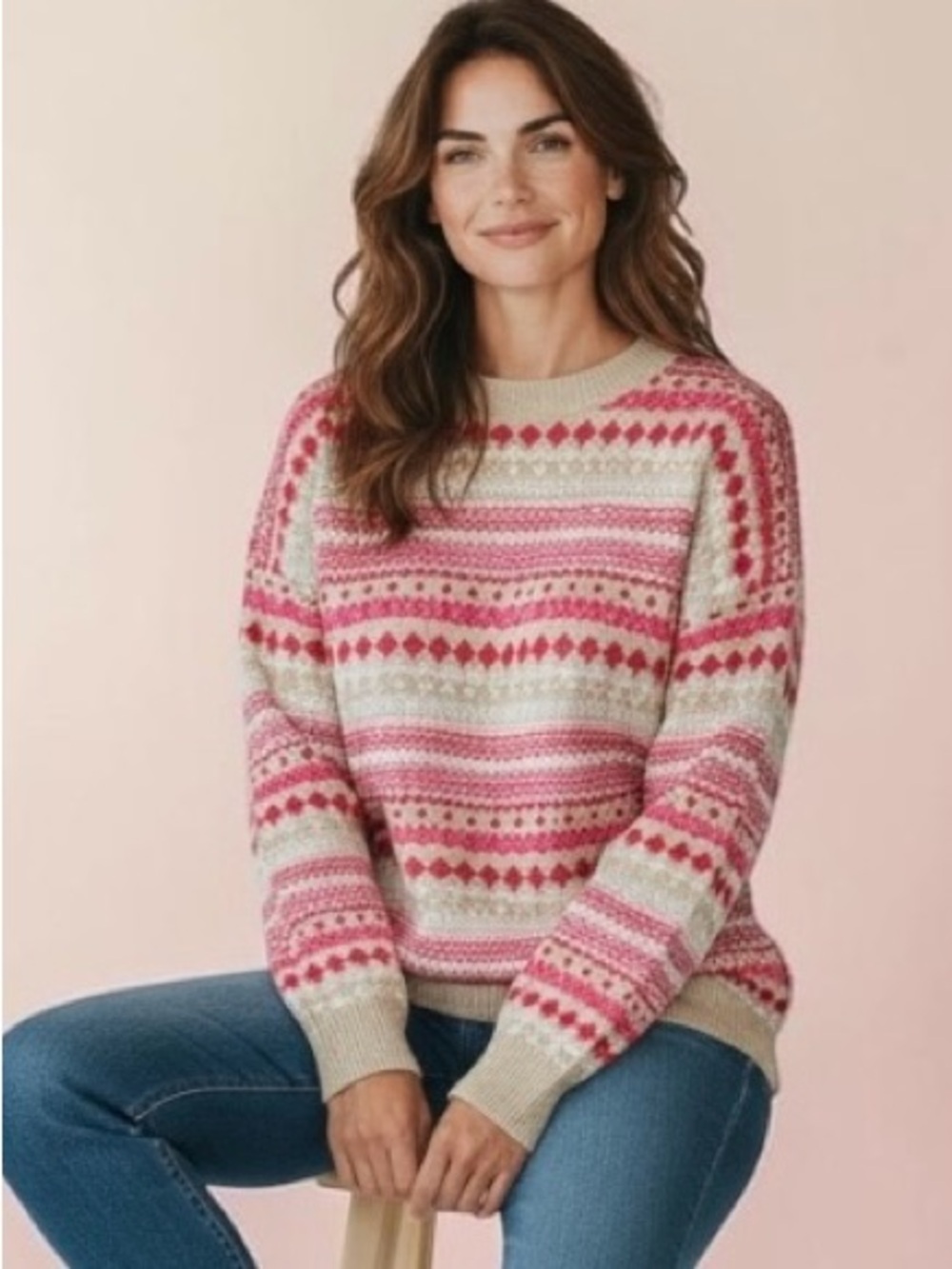 LOFT Fair Isle Knit Pullover Sweater Pink Red Beige Geometric Women’s Large